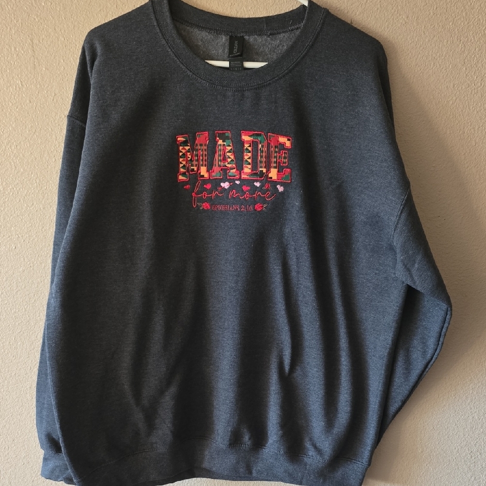 Embroidered Gildan Dark Gray Crewneck Sweater with Made For More Graphic
